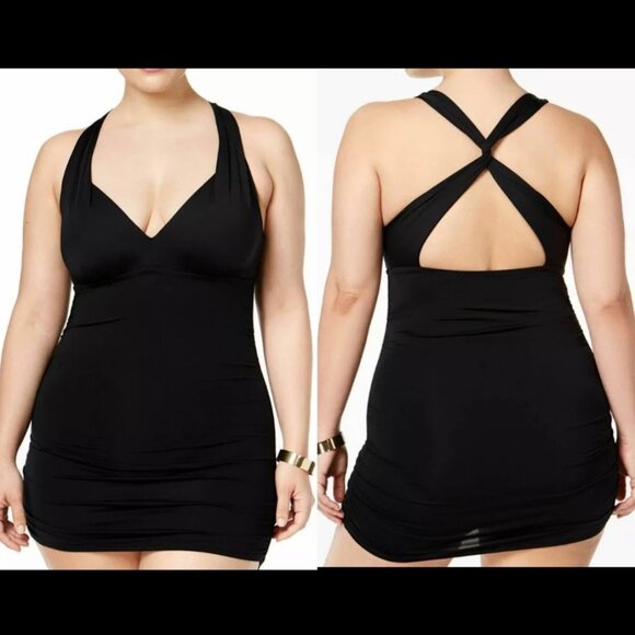 Lauren Ralph Lauren Black‎ Twist Back Bodycon One-Piece Swimsuit Dress Cut-Out 8 - Picture 1 of 12